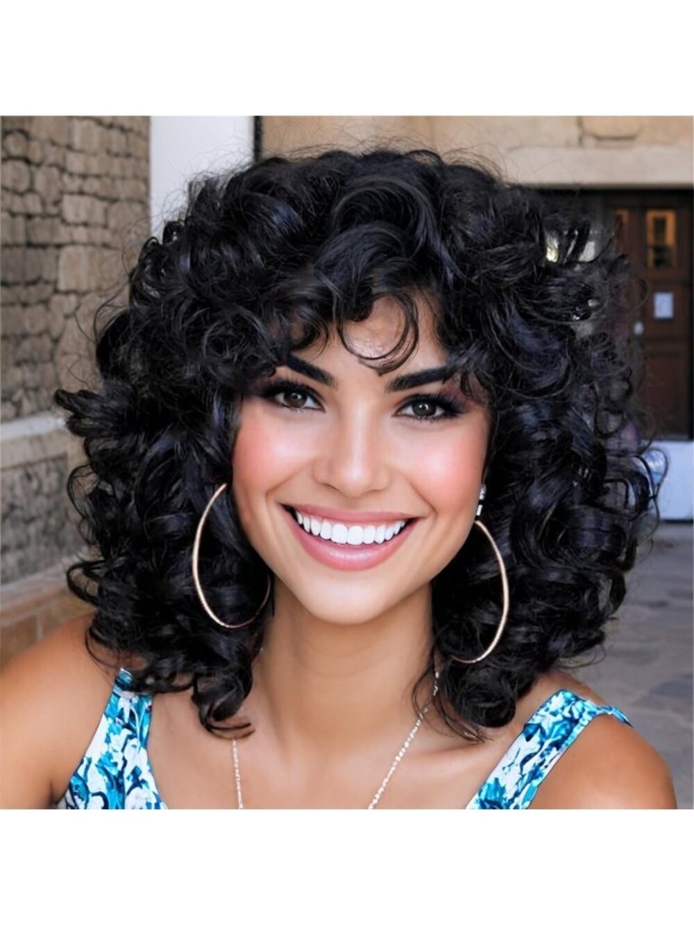 14 Inch Curly Wig for Women - Synthetic Loose Curls with Bangs, Natural Black